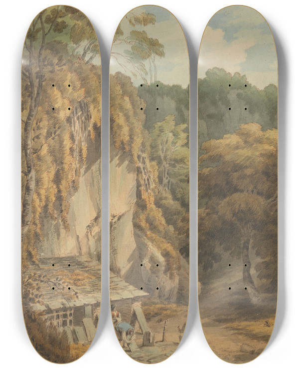 Triptych art skateboard deck of John White Abbott Slate Quarry At Widecombe Devon by John White Abbott (1763-1851)