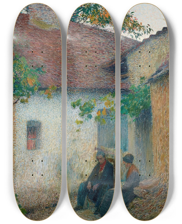 Triptych art skateboard deck of Henri Martin Couple En Conversation Devant La Ferme by Henri Martin (1860-1943)