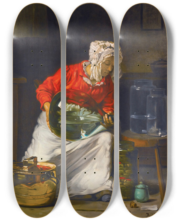 Triptych art skateboard deck of Joseph Bail La Mnagre by Joseph Bail (1862-1921)