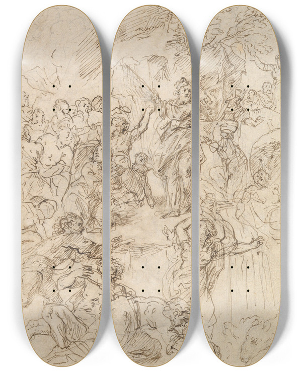 Triptych art skateboard deck of Bartholomaeus Ignaz Weiss Moses Striking Water From A Rock by Bartholomaeus Ignaz Weiss (1730-1814)
