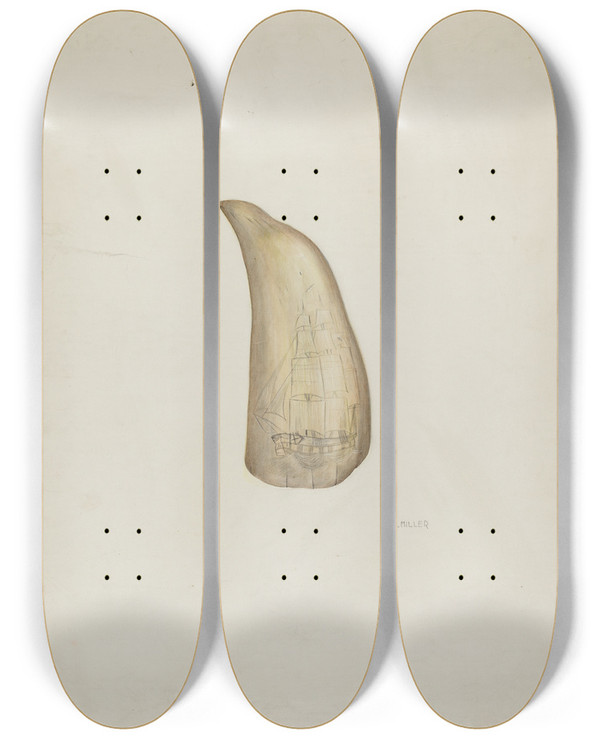Triptych art skateboard deck of Edith Miller Scrimshaw by Edith Miller