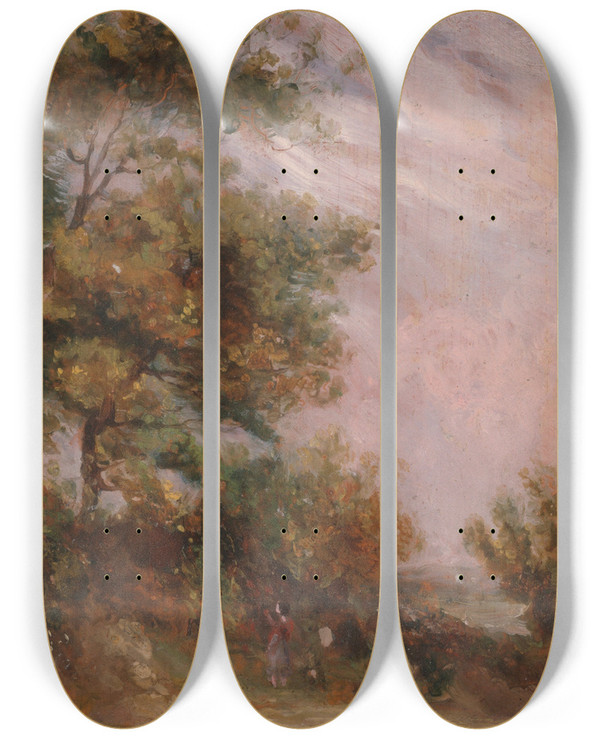 Triptych art skateboard deck of Thomas Churchyard Landscape With Trees And A Figure by Thomas Churchyard (1798-1865)