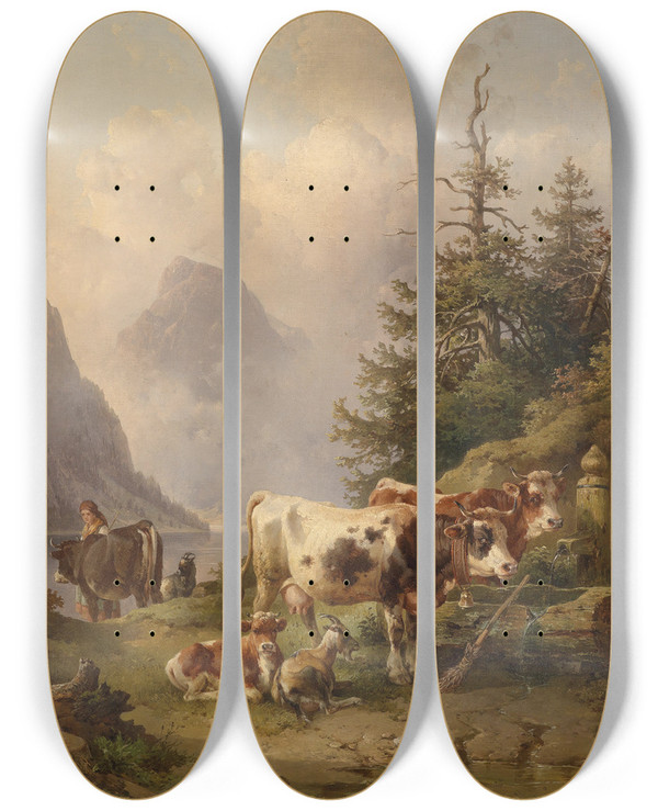 Triptych art skateboard deck of Edmund Mahlknecht Viehherde Mit Hirtin Am Seeufer by Edmund Mahlknecht (1820-1903)