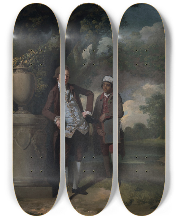 Triptych art skateboard deck of John Hamilton Mortimer A Young Man With His Indian Servant Holding A Portfolio by John Hamilton Mortimer (1740-1779)