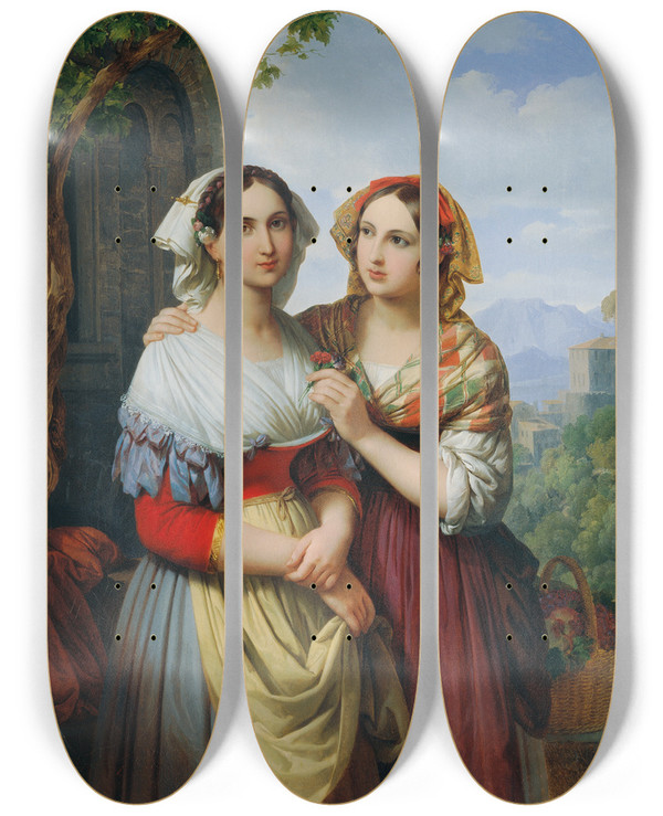Triptych art skateboard deck of Johann Nepomuk Ender Two Girls In A Landscape by Johann Nepomuk Ender (1793-1854)