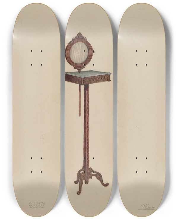 Triptych art skateboard deck of Hugh Clarke Shaving Stand by Hugh Clarke