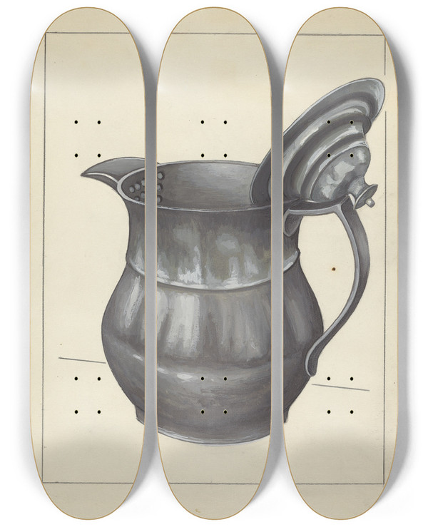 Triptych art skateboard deck of Jules Lefevere Silver Teapot by Jules Lefevere