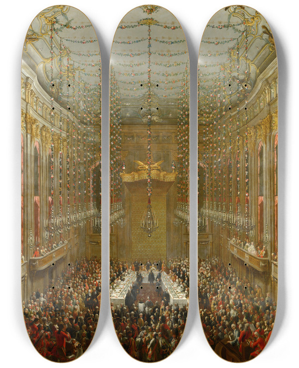 Triptych art skateboard deck of Martin Van Meytens Wedding Supper by Martin Van Meytens (1695-1770)