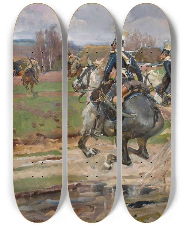 Triptych art skateboard deck of Wojciech Kossak Uhlans by Wojciech Kossak (1857-1942)