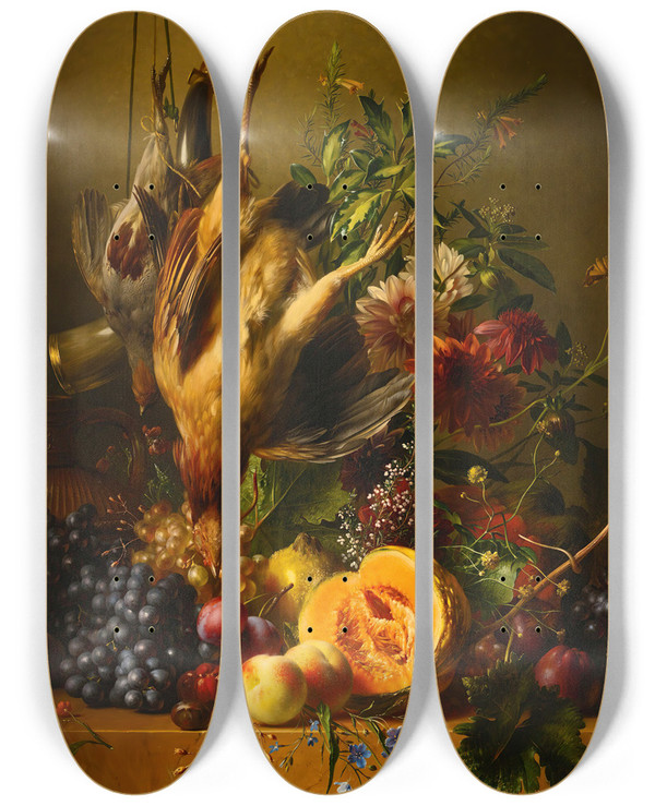 Triptych art skateboard deck of Hendrik Reekers Still Life With Game And Fruit by Hendrik Reekers (1815-1854)