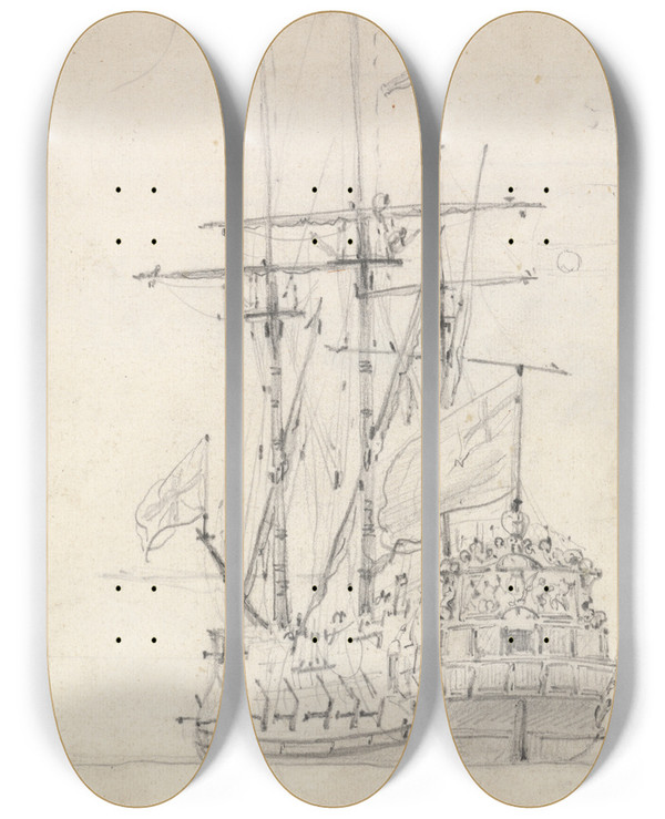 Triptych art skateboard deck of Willem Van De Velde The Younger An English Frigate At Anchor Viewed From The Port Quarter by Willem van de Velde the Younger (1633-1707)