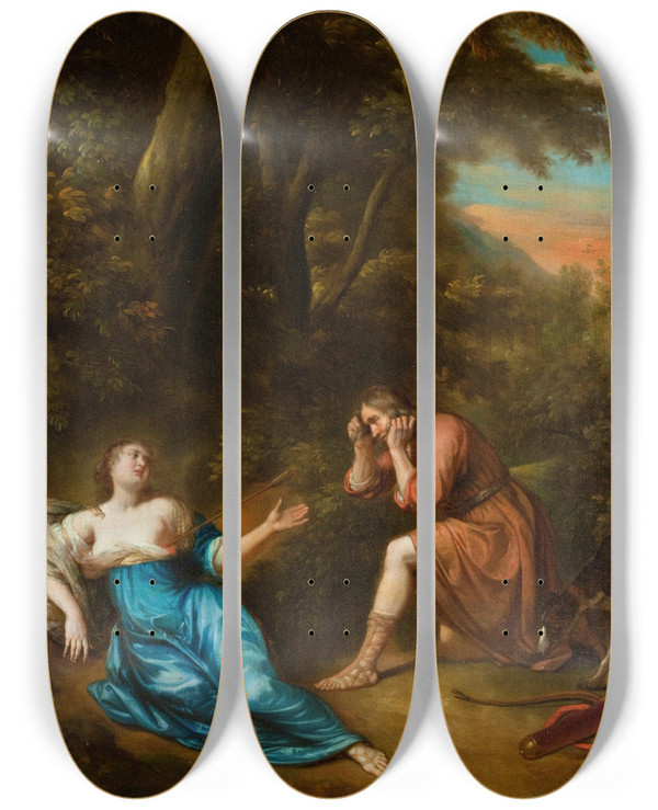 Triptych art skateboard deck of Jan Van Neck Death Of Procris by Jan Van Neck (1634-1714)