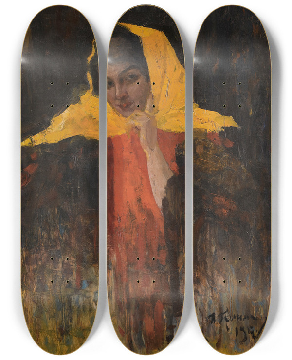 Triptych art skateboard deck of Ilya Abramovich Grinman Portrait Of A Lady In A Yellow Shawl by Ilya Abramovich Grinman (1875-1944)