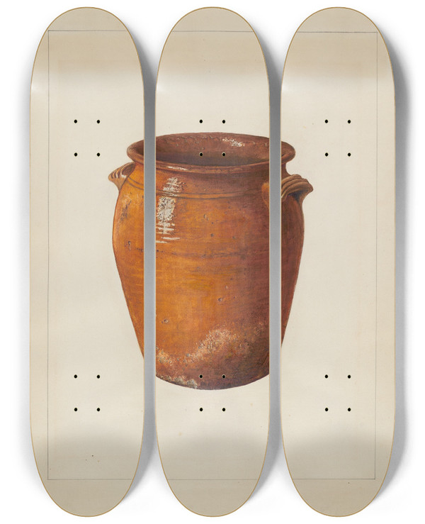 Triptych art skateboard deck of Wilford H Shurtliff Preserving Jar by Wilford H Shurtliff