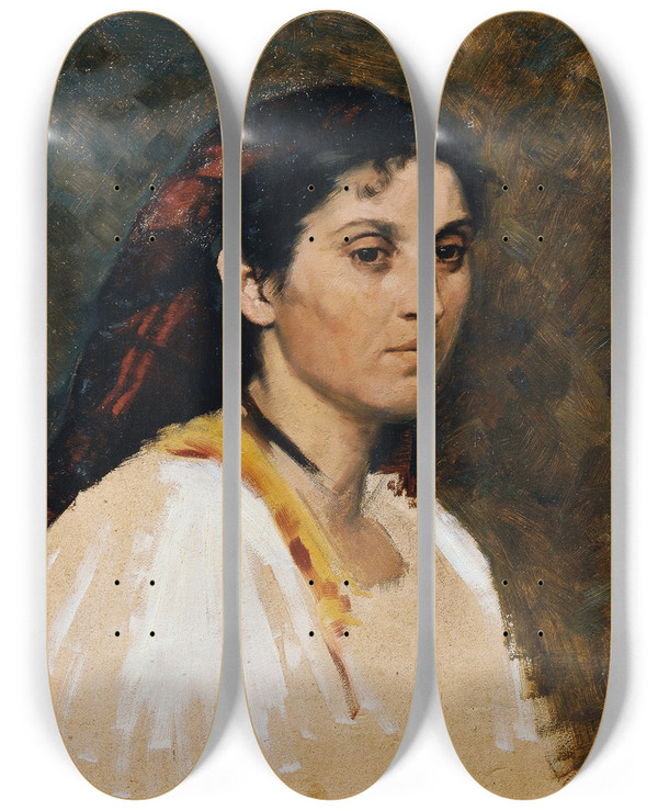 Triptych art skateboard deck of Rudolf Schick Head Of A Roman Woman by Rudolf Schick (1840-1887)