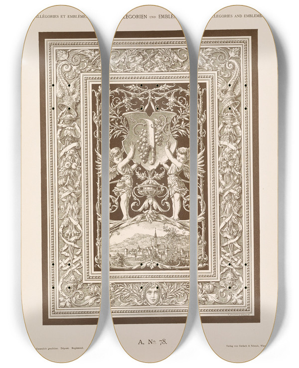 Triptych art skateboard deck of Albert Ilg Allegorien Und Embleme Vol Ii Pl088 by Albert Ilg (1847-1896)