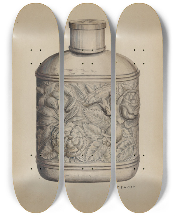 Triptych art skateboard deck of Robert Stewart Silver Whiskey Flask_1 by Robert Stewart (20-)