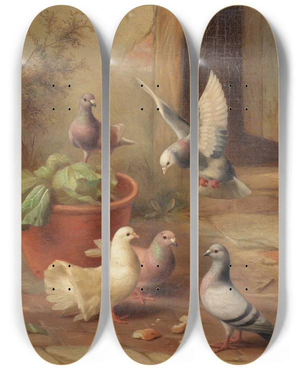 Triptych art skateboard deck of Edgar Hunt Feeding Time by Edgar Hunt (1876-1953)