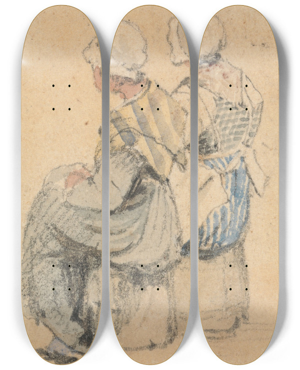 Triptych art skateboard deck of Samuel Prout Two Peasant Girls Seated by Samuel Prout (1783-1852)