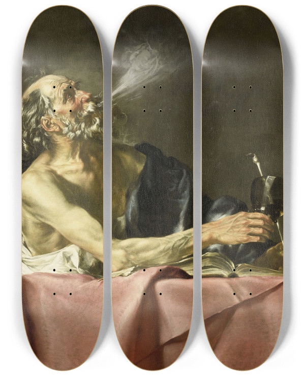 Triptych art skateboard deck of Hendrick Van Someren The Smoker Allegory Of Transience by Hendrick Van Someren (1615-1685)