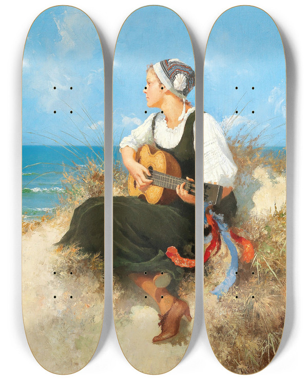 Triptych art skateboard deck of Hermann Seeger Am Ostseestrand by Hermann Seeger (1857-1945)