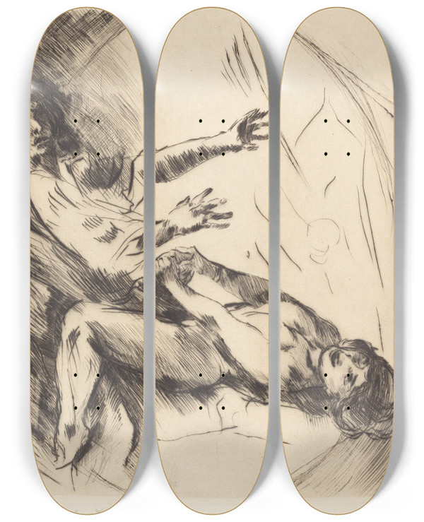 Triptych art skateboard deck of Lovis Corinth Joseph And Potiphars Wife I Joseph Und Potiphars Weib I by Lovis Corinth (1858-1925)