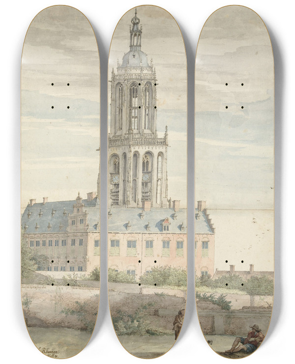 Triptych art skateboard deck of Pieter Jansz Saenredam View Of The Palace Of Frederik V Elector Palatine And The Sintcunerakerk Rhenen by Pieter Jansz Saenredam (1597-1665)