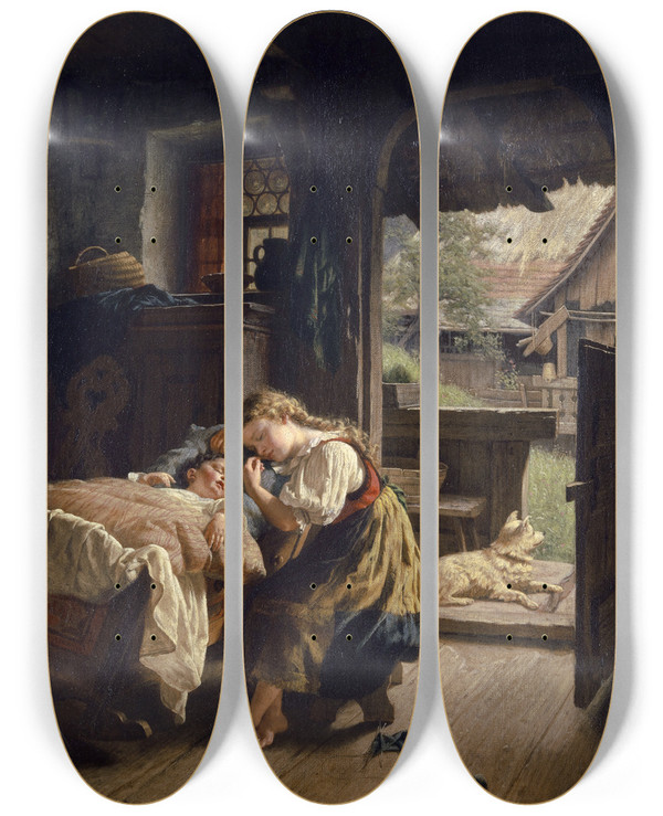 Triptych art skateboard deck of Rudolf Epp Interior With Sleeping Siblings by Rudolf Epp (1834-1910)