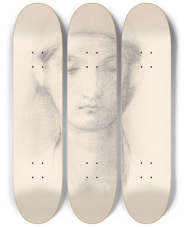 Triptych art skateboard deck of Sir Edward Coley Burnejones Female Head Study From An Italian Model by Sir Edward Coley Burne-Jones (1833-1898)