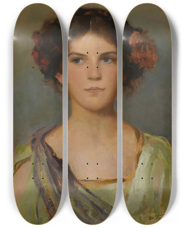 Triptych art skateboard deck of Douglas Volk Portrait Of The Artists Daughter by Douglas Volk (1856-1935)