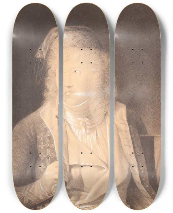 Triptych art skateboard deck of Jeanbaptiste Isabey Young Smoker In An Ornate Costume by Jean-Baptiste Isabey (1767-1855)