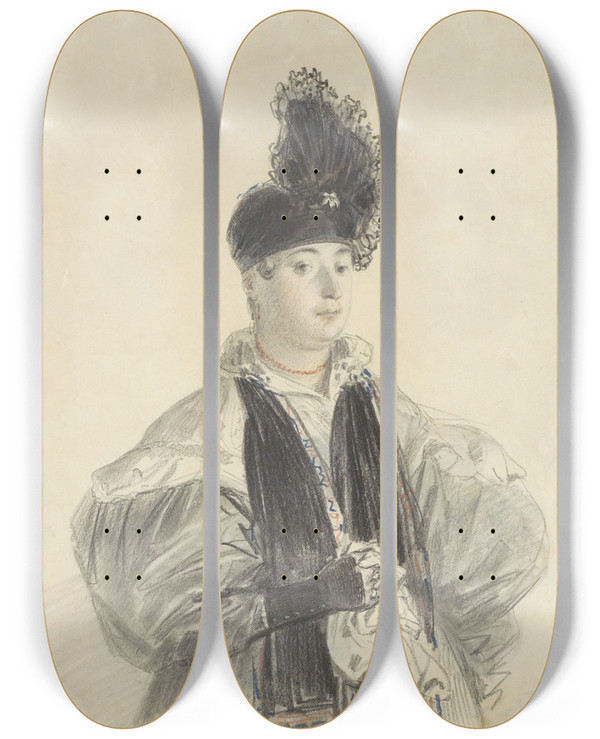 Triptych art skateboard deck of Denis Auguste Marie Raffet Portret Van Een Staande Dame Met Zwarte Shawl En Zwarte Hoed by Denis Auguste Marie Raffet (1804-1860)