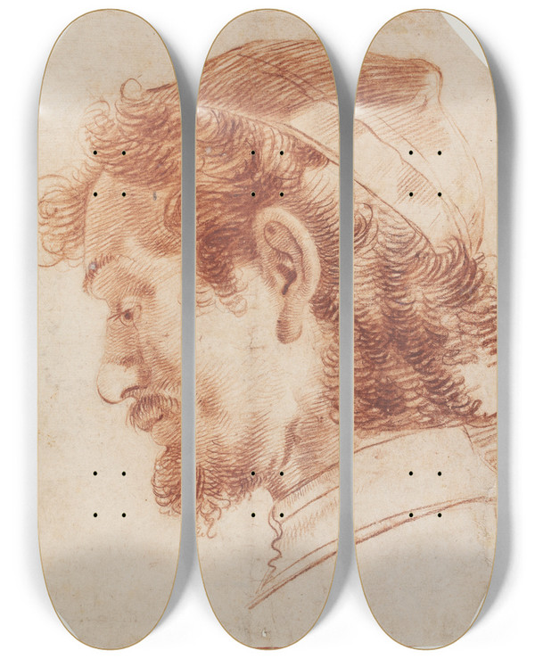 Triptych art skateboard deck of Giovanni Benedetto Castiglione Skgget Mandshoved I Profil Mod Venstre by Giovanni Benedetto Castiglione (1609-1664)