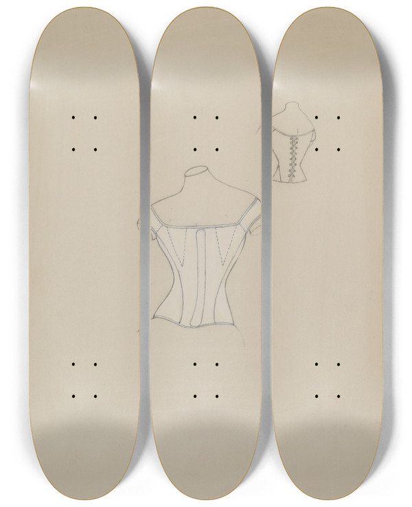 Triptych art skateboard deck of Mae Szilvasy Corset by Mae Szilvasy