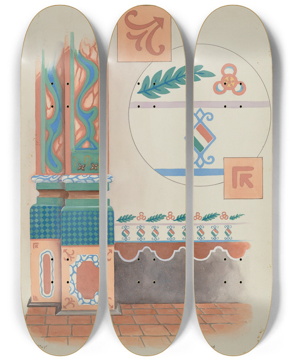 Triptych art skateboard deck of Howard H Sherman Pilaster And Sidewall In Church San Luis Rey Mission by Howard H Sherman