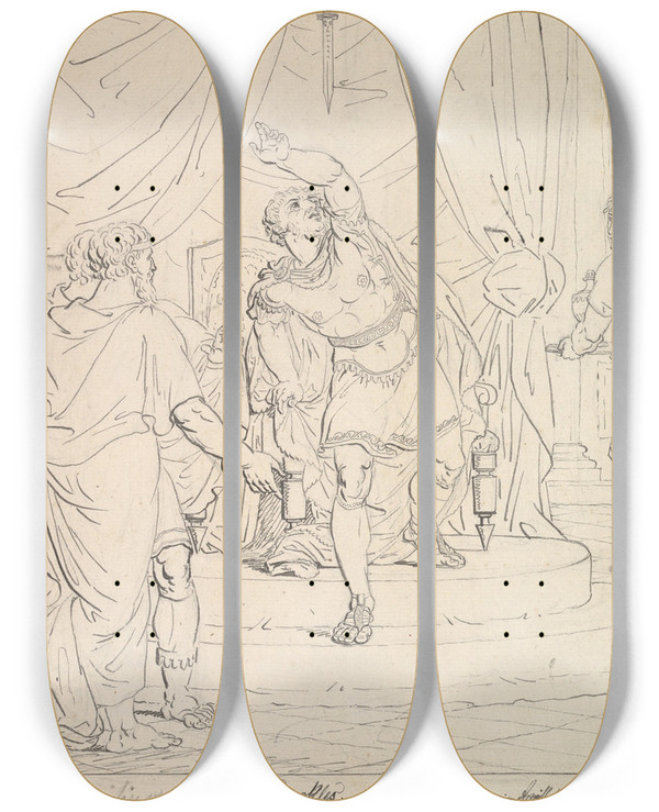 Triptych art skateboard deck of Christoffer Wilhelm Eckersberg The Sword Of Damocles by Christoffer Wilhelm Eckersberg (1783-1853)