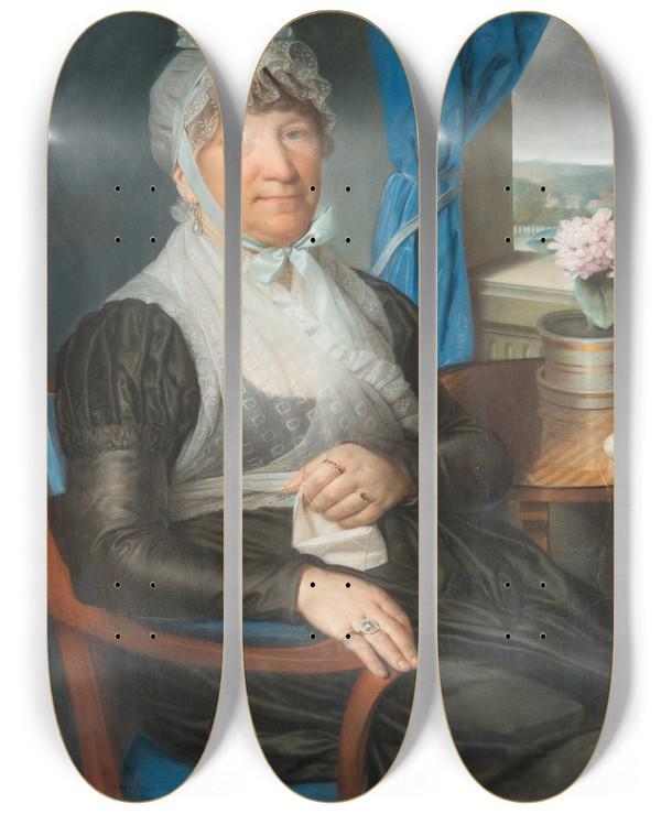 Triptych art skateboard deck of Daniel Caffe Lady With Needlework At A Window by Daniel Caffe (1756-1815)