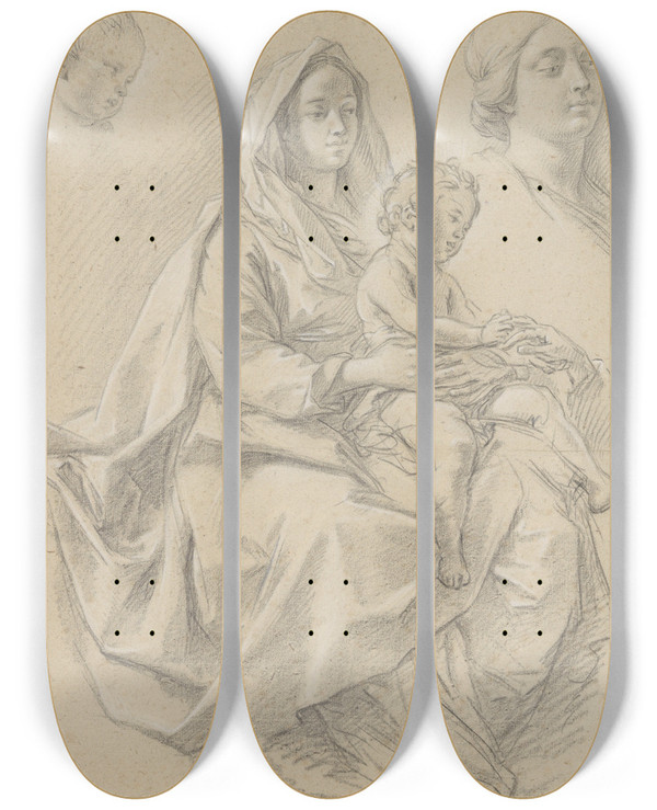 Triptych art skateboard deck of Etienne Parrocel Seated Woman With A Child On Her Lap Study For A Mystic Marriage Of St Catherine Of Alexandria by Etienne Parrocel (1696-1776)
