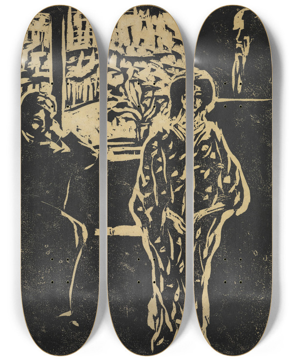 Triptych art skateboard deck of Ernst Ludwig Kirchner Besuchsszene by Ernst Ludwig Kirchner (1880-1938)