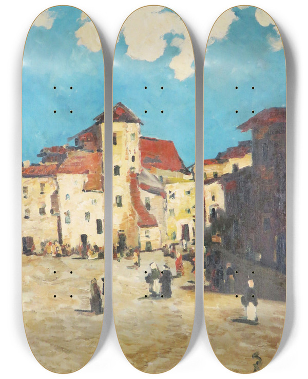 Triptych art skateboard deck of Hans Ruzickalautenschlger Mediterranes Stadtmotiv Mit Belebtem Hof by Hans Ruzicka-Lautenschlger (1862-1933)