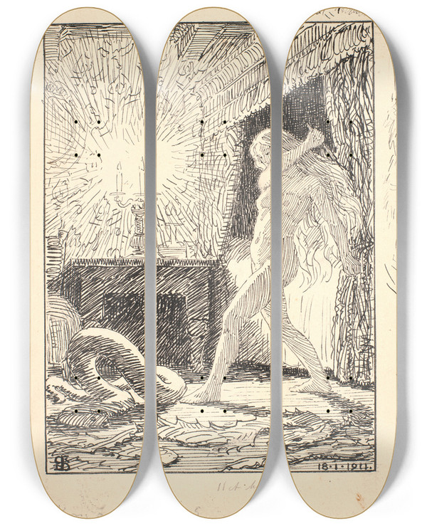 Triptych art skateboard deck of Niels Skovgaard Kong Lindorm by Niels Skovgaard (1858-1938)