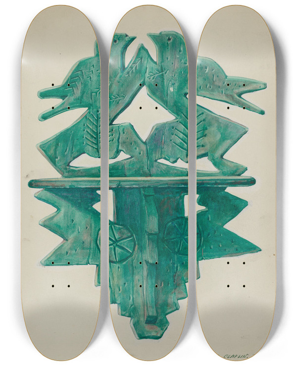 Triptych art skateboard deck of Majel G Claflin Bird Shelf by Majel G Claflin (1893-1941)