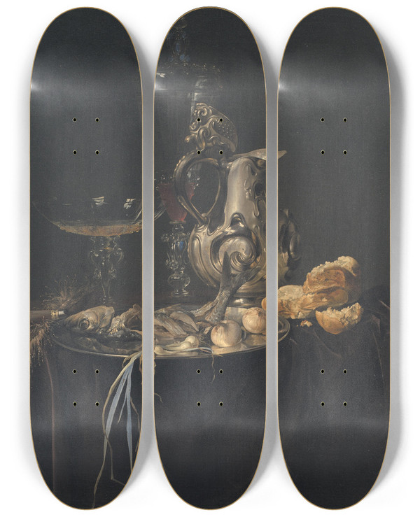 Triptych art skateboard deck of Willem Van Aelst Still Life Breakfast Piece With A Silver Jug by Willem van Aelst (1627-1683)