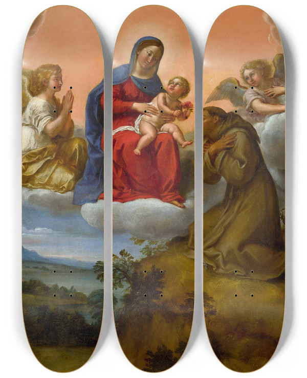 Triptych art skateboard deck of Francesco Albani Virgin And Child Adored By Saint Francis by Francesco Albani (1578-1660)