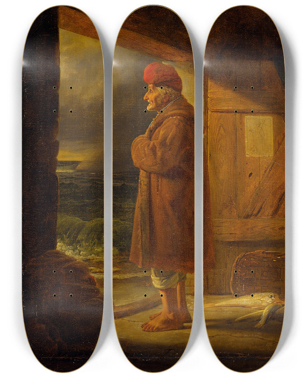 Triptych art skateboard deck of Ernst Meyer A Neapolitan Fisherman At His Door by Ernst Meyer (1797-1861)