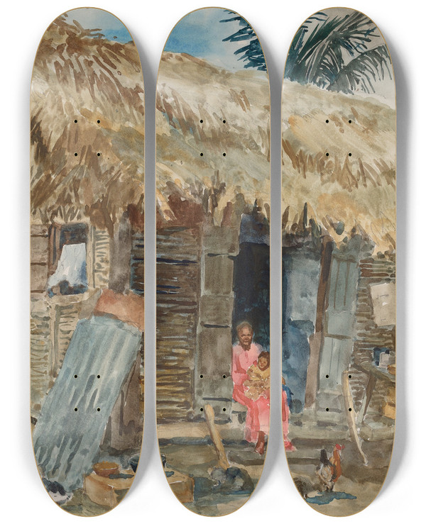 Triptych art skateboard deck of George Overbury Hart Hut In Trinidad by George Overbury Hart (1868-1933)