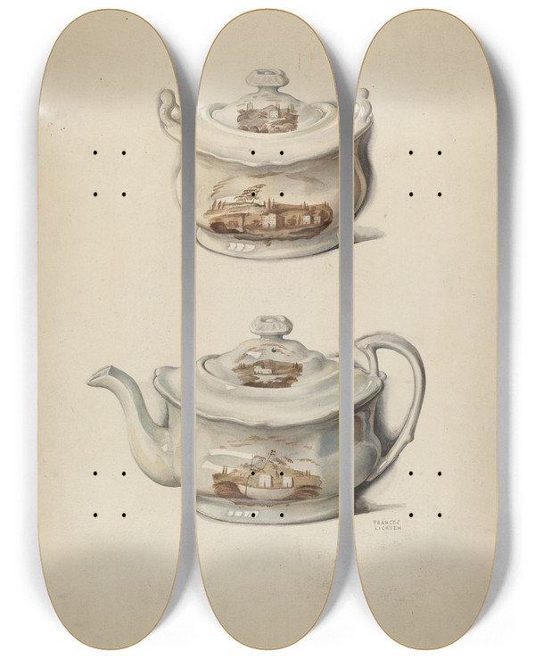 Triptych art skateboard deck of Frances Lichten Sugar Bowl And Teapot by Frances Lichten (1889-1961)