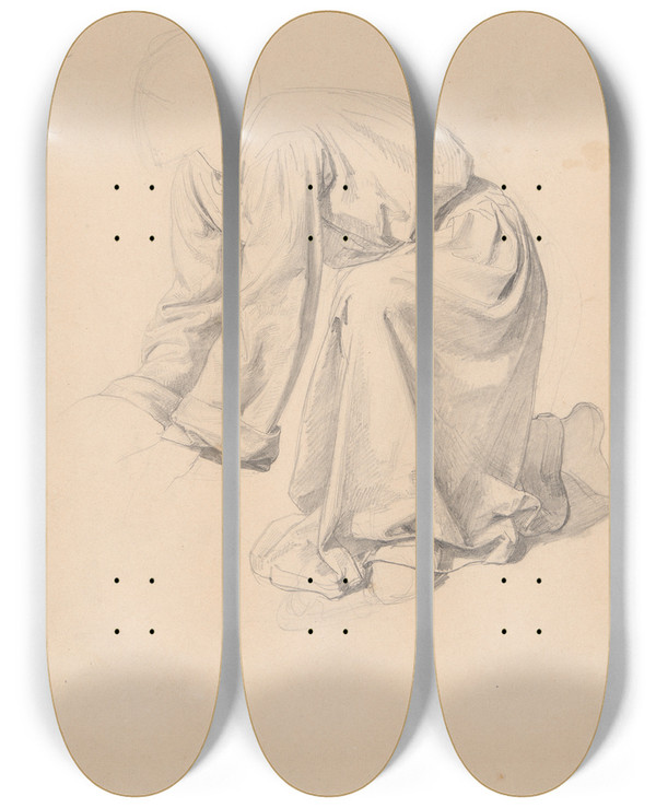 Triptych art skateboard deck of Jzef Simmler Study Of Robes Of Joseph Of Arimathea To The Painting Entombment by Jozef Simmler (1823-1868)