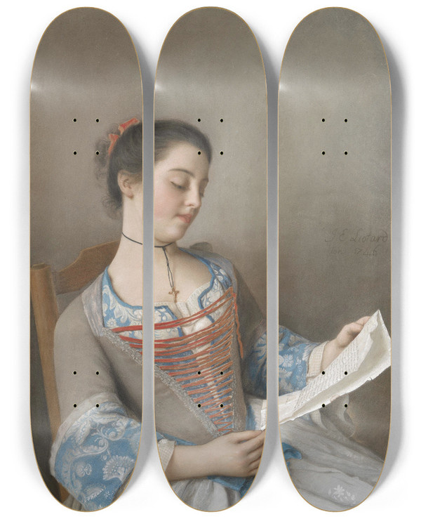 Triptych art skateboard deck of Jeanetienne Liotard The Artists Niece Marianne Lavergne Known As La Liseuse by Jean-Etienne Liotard (1702-1789)