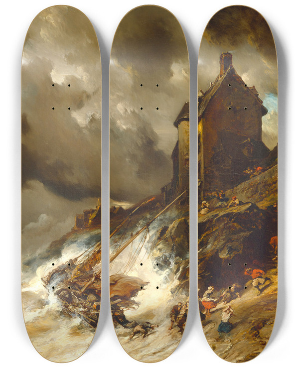 Triptych art skateboard deck of Eugne Isabey The Wreck by Eugene Isabey (1803-1886)